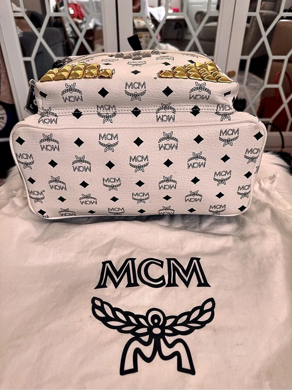 MCM Stark Side Studs Backpack in White & Black